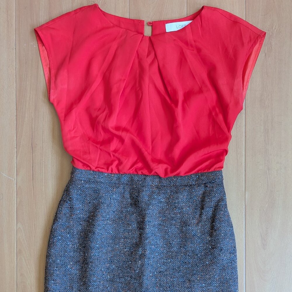 Business Casual Dress (Ann Taylor LOFT, Size 00P, Orange Top, Brown Skirt)